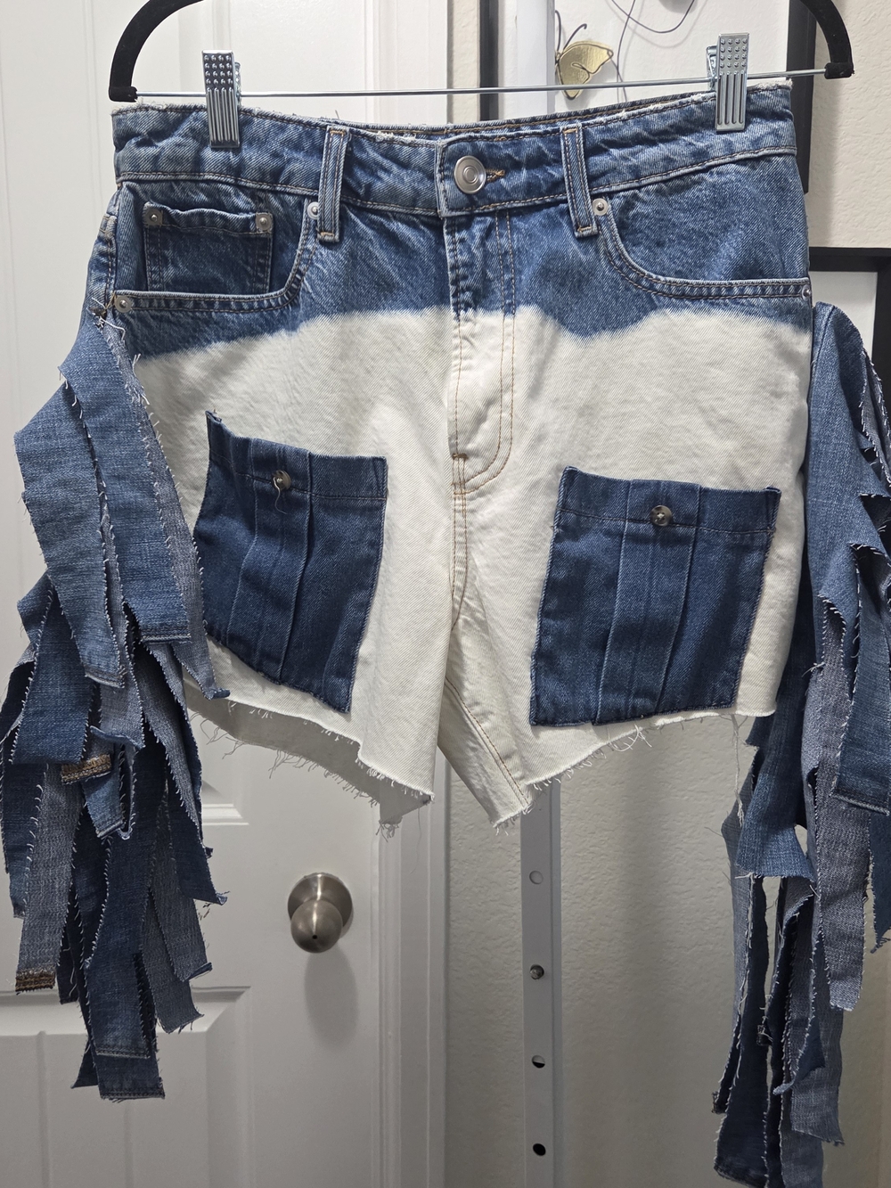 Denim Patchwork Fringe Shorts Blue/White - Picture 2 of 5